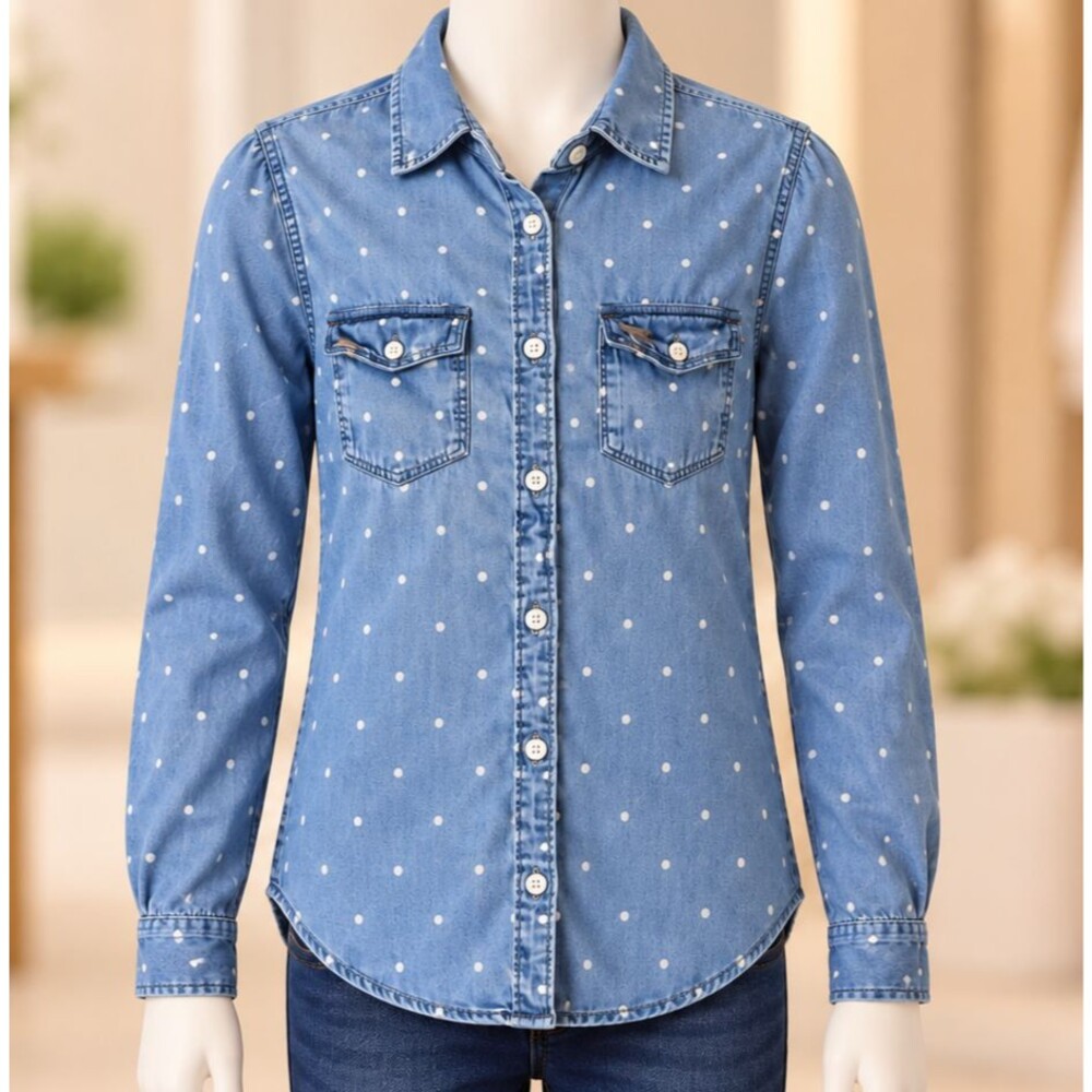 Abercrombie Kids Girls XL Chambray Polka Dot Button Down Shirt Blue